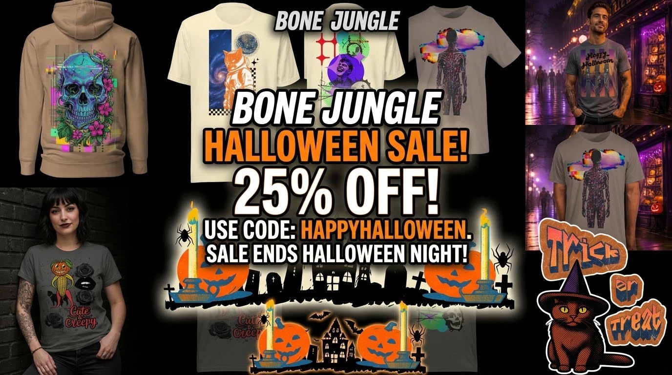Bone Jungle Halloween sale artwork — 25% off with code HAPPYHALLOWEEN