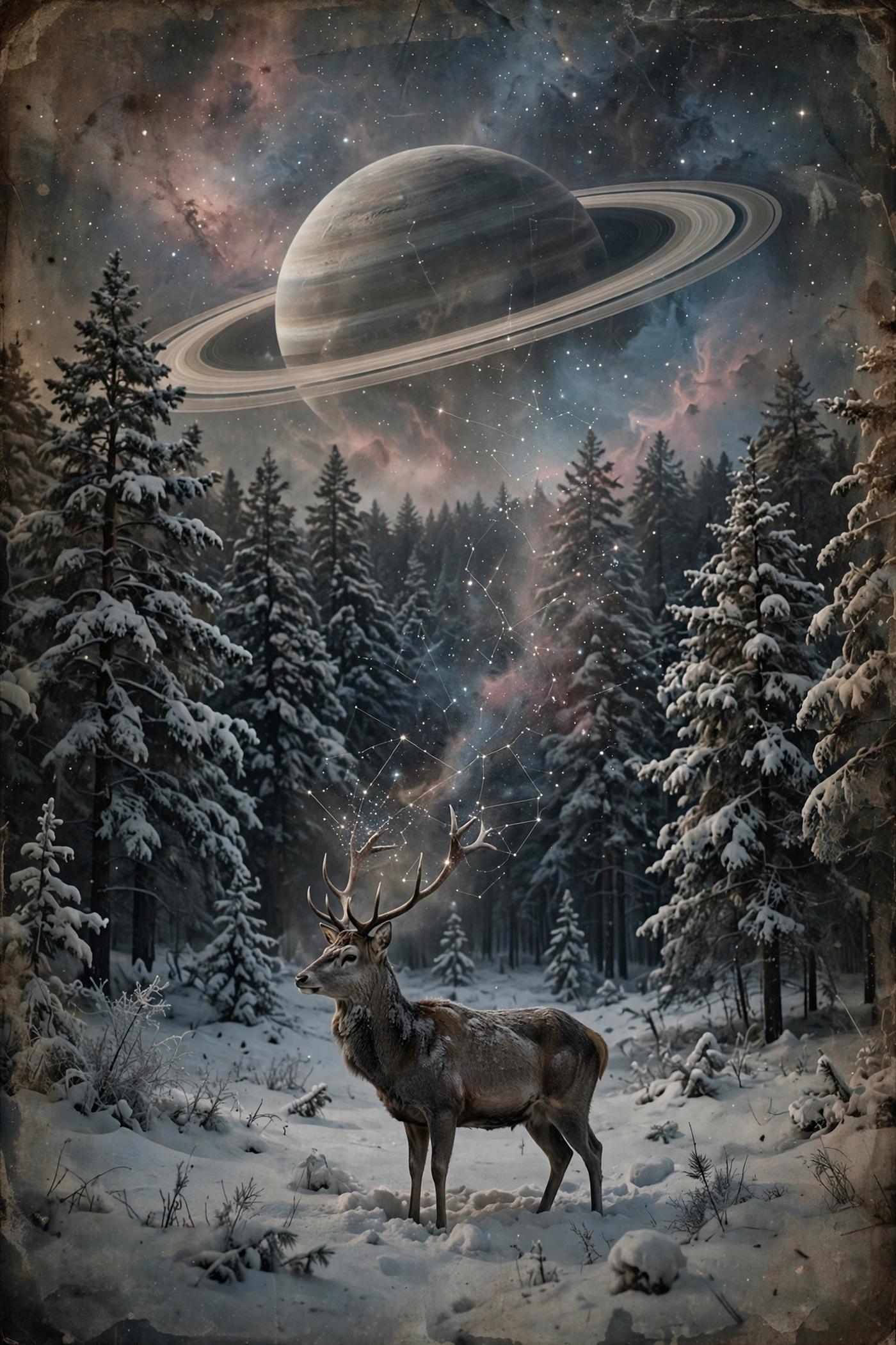 Winter Transmission — a lone stag in a snowy pine forest, antlers dissolving into constellations beneath a ringed planet, in muted vintage-photograph tones