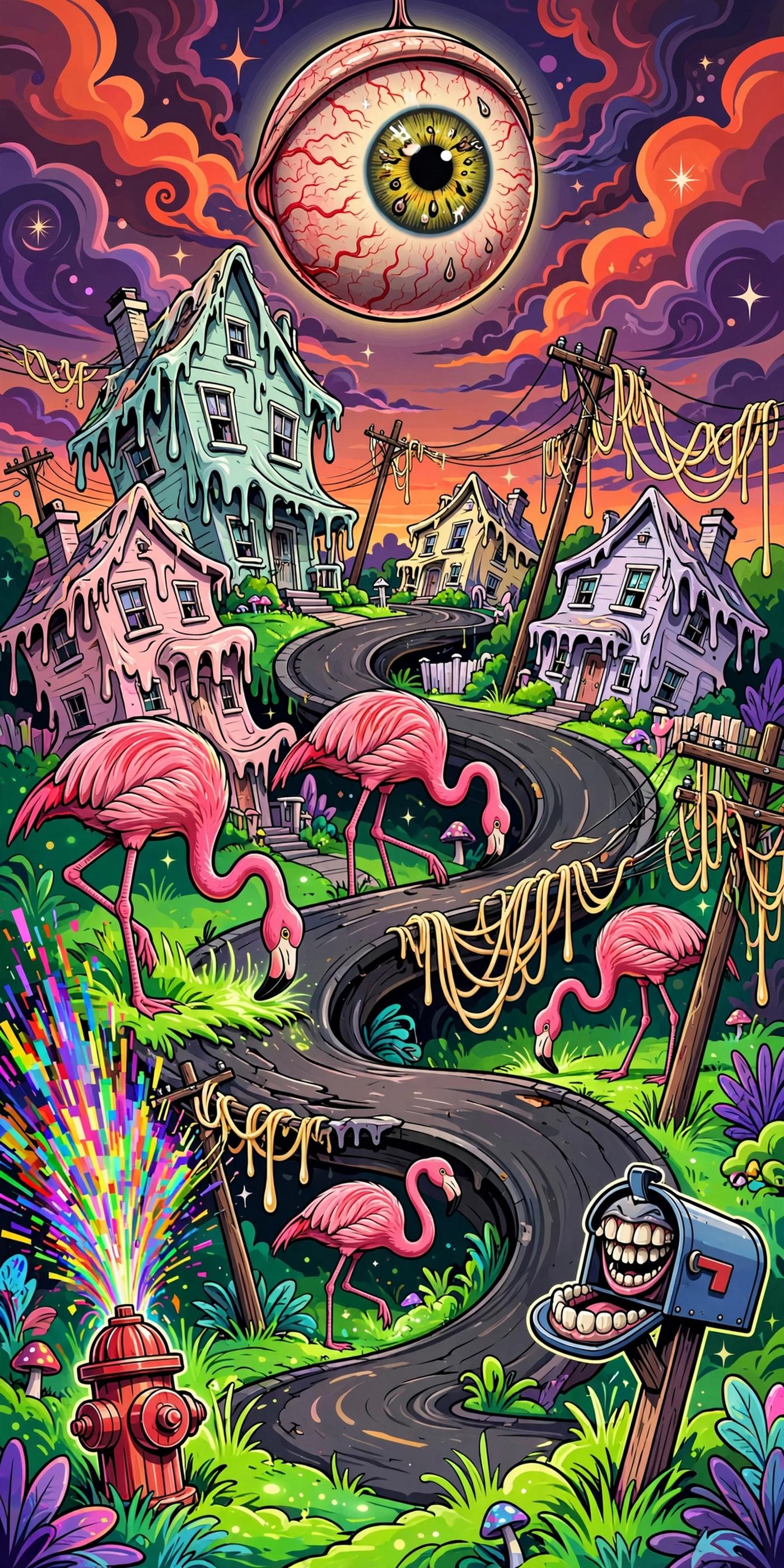 Wrong Neighborhood — a bright, glitchy surreal suburb with melting pastel houses, a giant eyeball moon, and dinosaur-sized flamingos on neon lawns