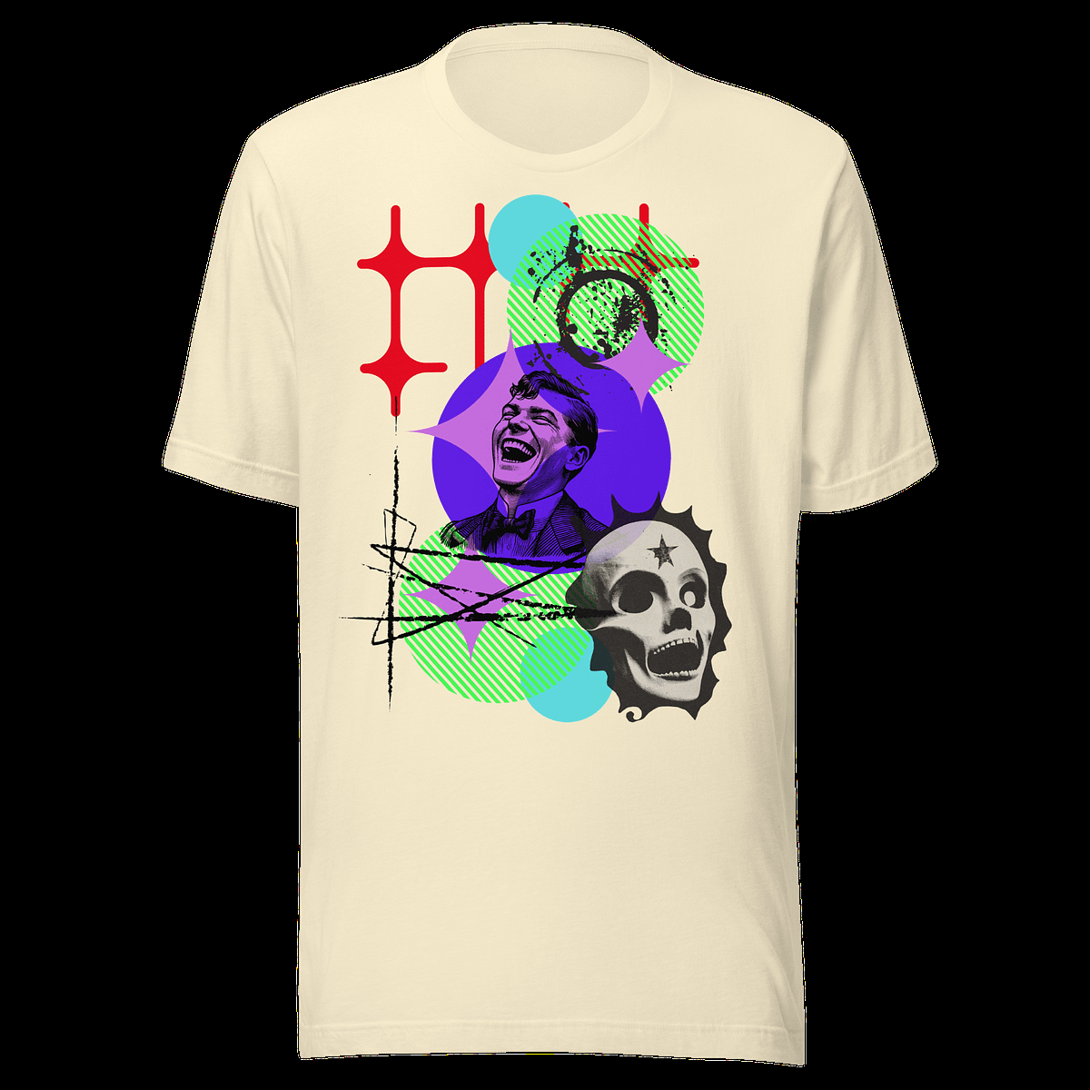 The Laughing Man T-Shirt on a cream Bella+Canvas tee, front view