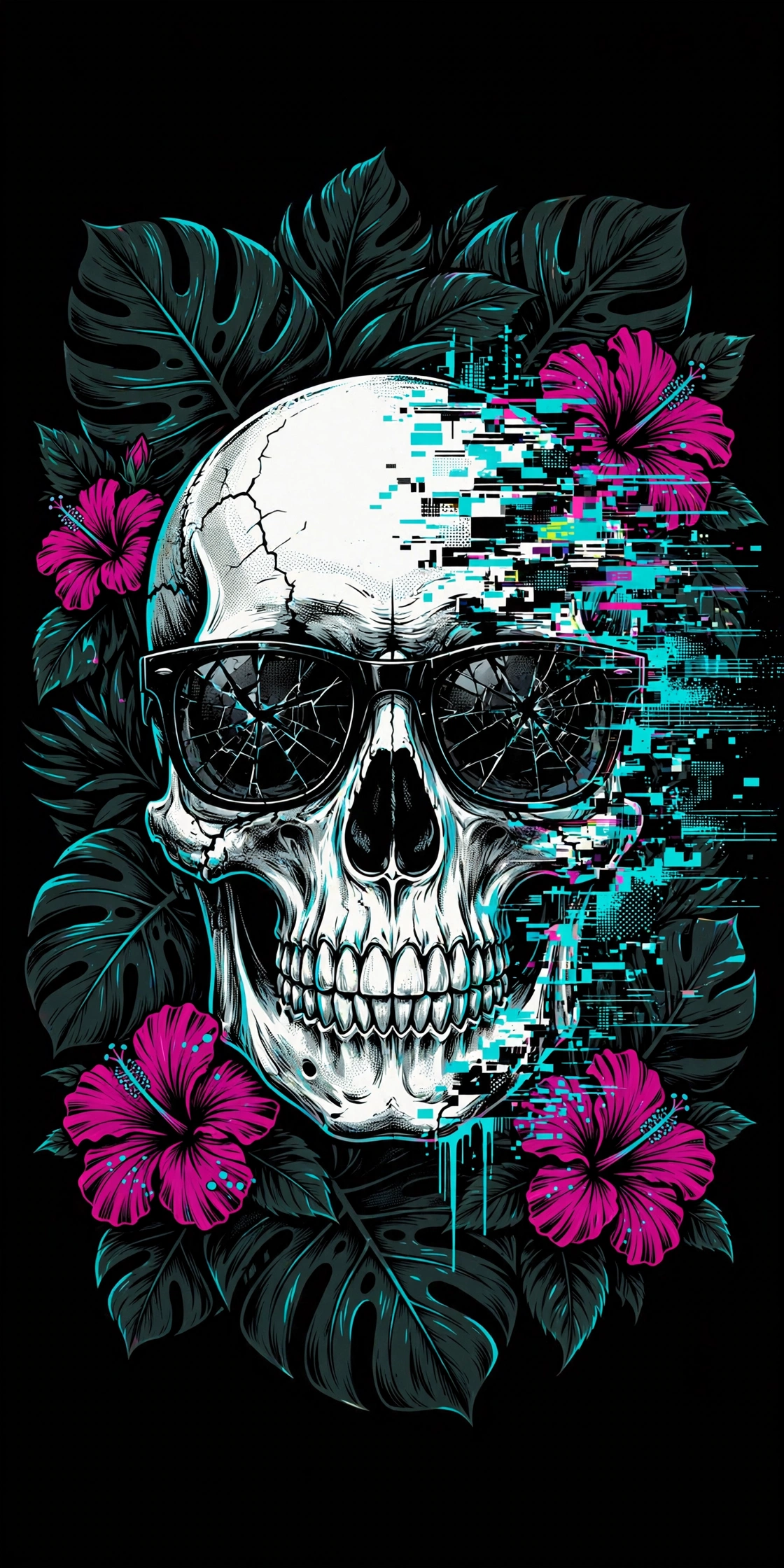 Neon Revenant — a skull in cracked sunglasses dissolving into neon pixels, framed by hibiscus and monstera leaves on black