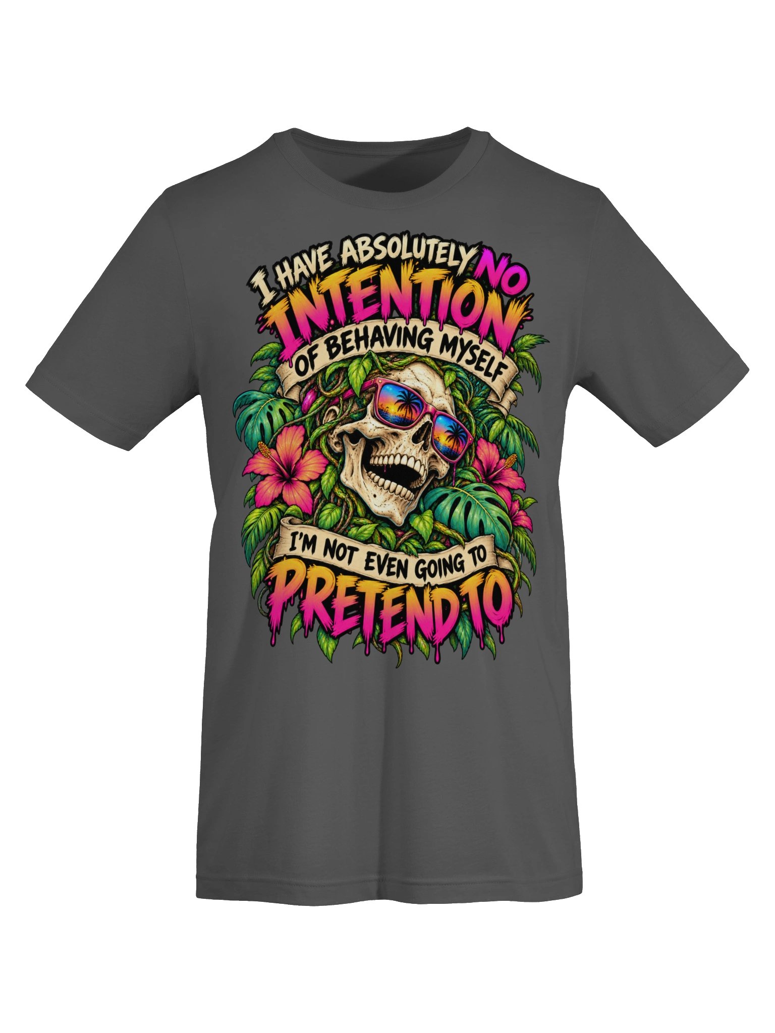 No Intention of Behaving Skull Tropical Tee — the actual charcoal tee, front view, with the tropical-goth skull in sunset sunglasses among hibiscus and monstera leaves
