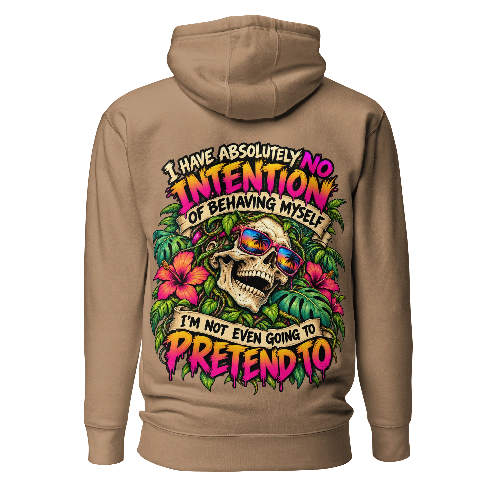 No Intention of Behaving Premium Hoodie — back view showing a tropical-goth skull in sunglasses among hibiscus and monstera leaves