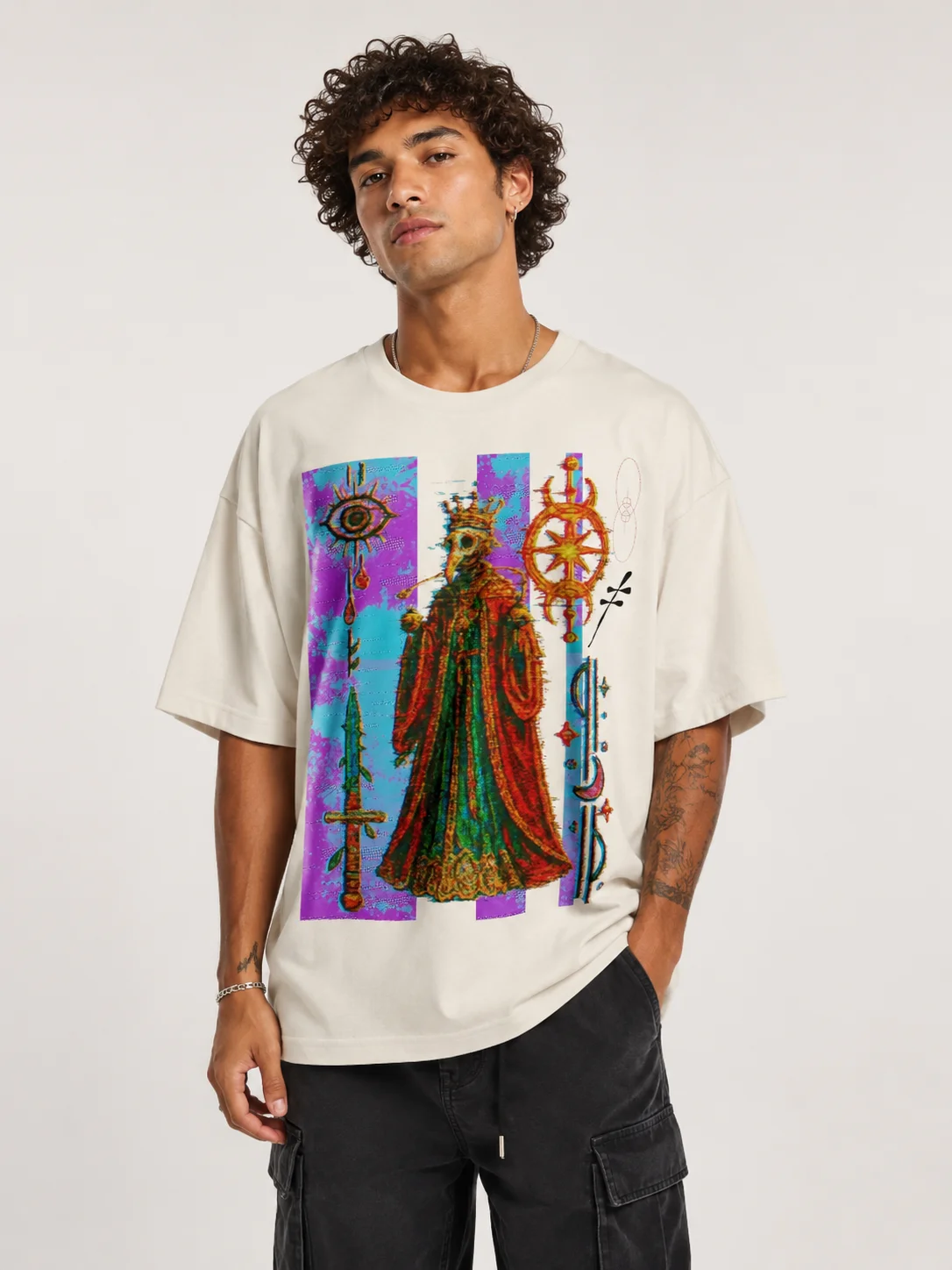 Glitched Interdimensional Signal oversize tee — ecru AS Colour shirt with a crowned, robed figure surrounded by glitch artifacts, worn by a model