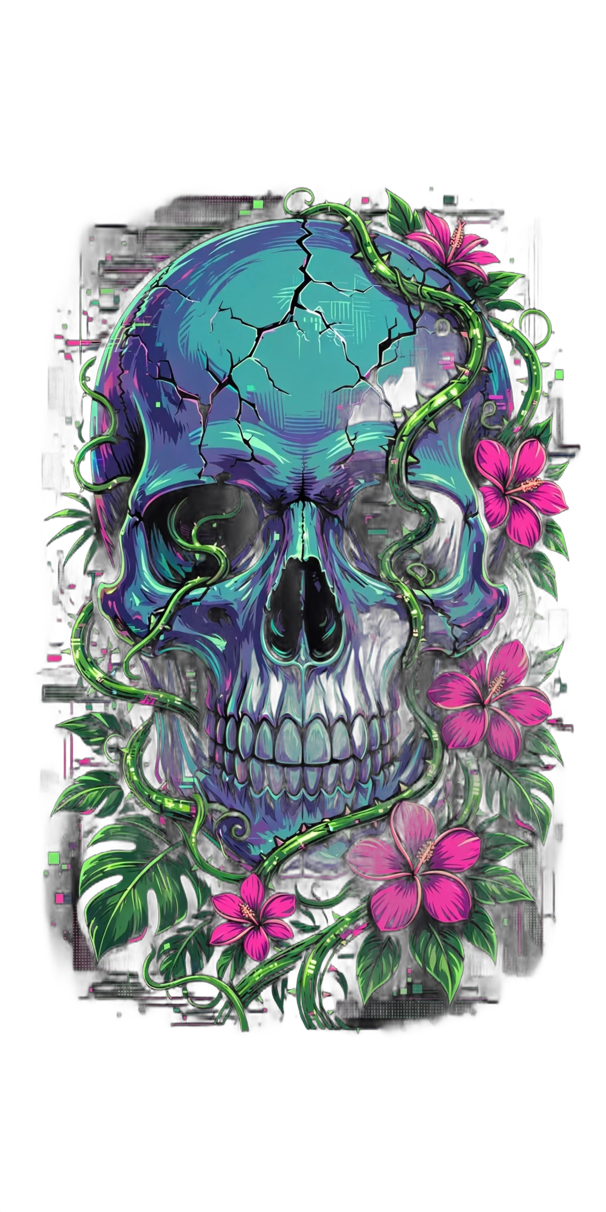 Artwork for the No Intention of Behaving Skull Tropical Tee — a skull in sunglasses framed by hibiscus flowers and monstera leaves